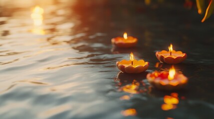 Wall Mural - an empty scene featuring blank mockup template of colorful diya decorations floating on a serene riv