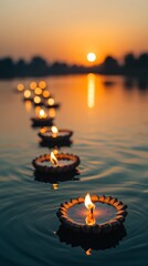 Wall Mural - an empty scene featuring blank mockup template of multiple diyas floating down the river at sunset, 