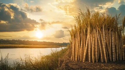 Wall Mural - an empty scene featuring blank mockup template of tall sugarcane stalks arranged artistically on the