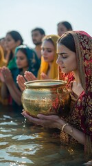 Wall Mural - an empty scene featuring blank mockup template of women in vibrant clothing offering prayers with a 