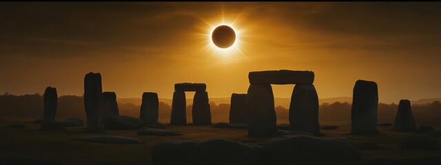 An intimate shot of a solar eclipse over the ancient ruins of Stonehenge, Archaeological site scene, Eclipse style