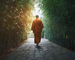 Poster - Monk Walking Through Serene Bamboo Forest with Filtered Light