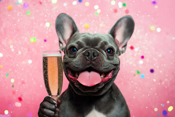 A French Bulldog drinks champagne at a New Year's Eve party, surrounded by festive decorations and colorful lights. The concept of celebration, joy, and starting the new year with style and fun.