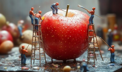 3D miniature workers painting a giant apple, using scaffolding and tiny paintbrushes