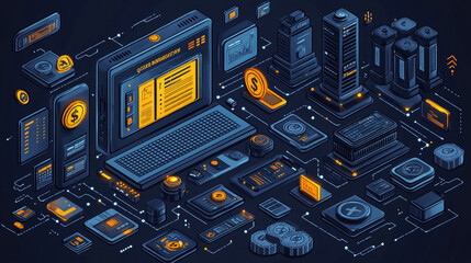 Isometric illustration of computer components connected by lines.