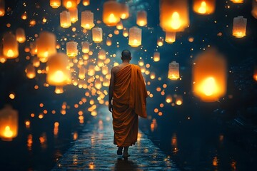 Wall Mural - Monk leading a lantern procession at night symbolic of wisdom and faith guiding the path