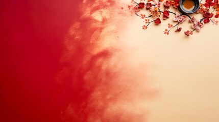 Wall Mural - chinese gold ink in red paper background flat lay top view copy space