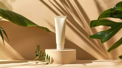 Wall Mural - White Cosmetic Tube on a Round Platform with Tropical Leaves and Shadow Patterns