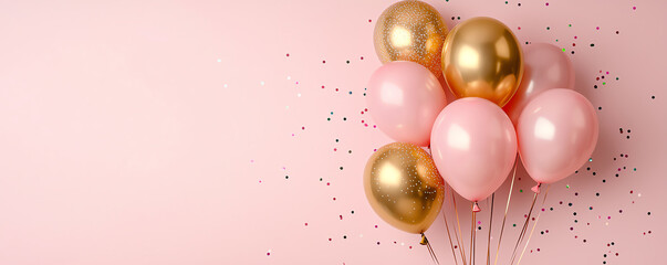 Floating pink and gold balloons on a blush pink background, surrounded by delicate sparkles and confetti, creating a whimsical and sophisticated celebration theme. space for text