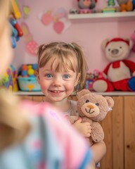 A little girl smiles happily while holding a toy bear. AI.