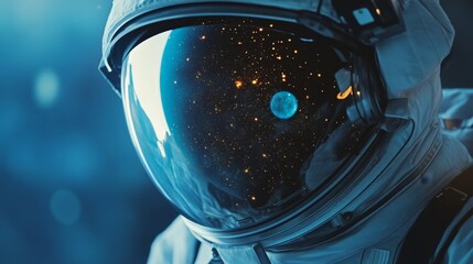 A close-up of an astronaut's helmet reflecting the stars and distant planets, highlighting the isolation and wonder of space travel.