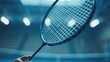 © Imsuniyah - Close-up of a Badminton Racket Held by a Player in a Blue Indoor Court