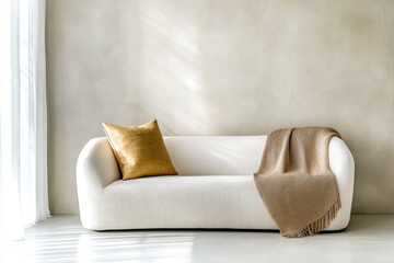 Modern minimalist living room with a stylish white sofa and golden accents during daylight