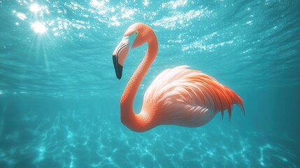 Wall Mural - A pink flamingo swims underwater with sunlight shining down.