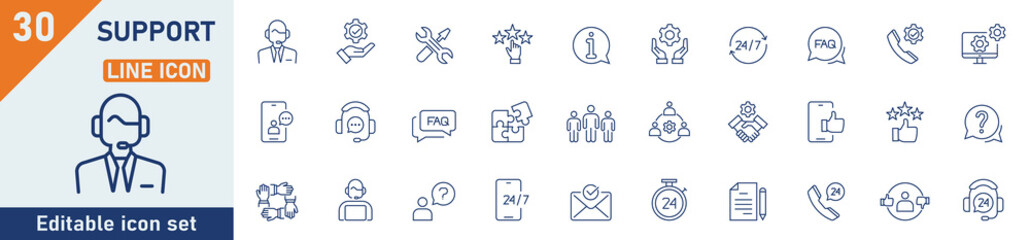 support line icon set. set of 30 outline icons related to technical, support, help, information, res
