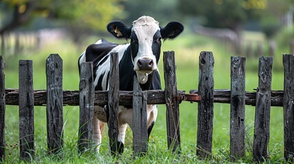 Poster - A black and white cow stands behind a wooden fence in a green field, looking at the camera.