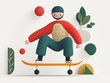 © axel - A colorful cartoon character skateboarding in a playful setting, using simple geometric shapes with vibrant colors and bold designs, exuding a cheerful and energetic vibe