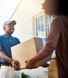 © peopleimages.com - African courier, package and logistics for customer, smile and ecommerce with home freight or cargo. Delivery man, woman and shipping with distribution, box or supply chain for online retail import