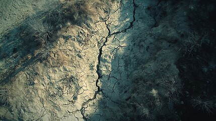 4 Empty riverbed once vibrant, now bone dry, cracked earth, parched shrubs, overhead view, harsh midday light, deep shadows, desaturated color palette, bleak mood