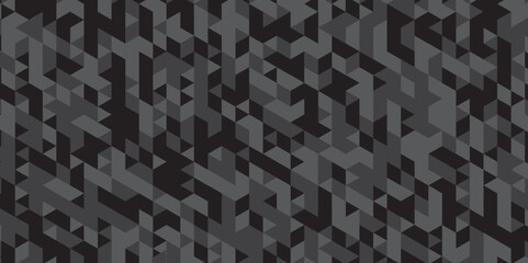 	
Abstract geometric black and gray background seamless mosaic and low polygon triangle texture wallpaper. Triangle shape retro wall grid pattern geometric ornament tile vector square element.