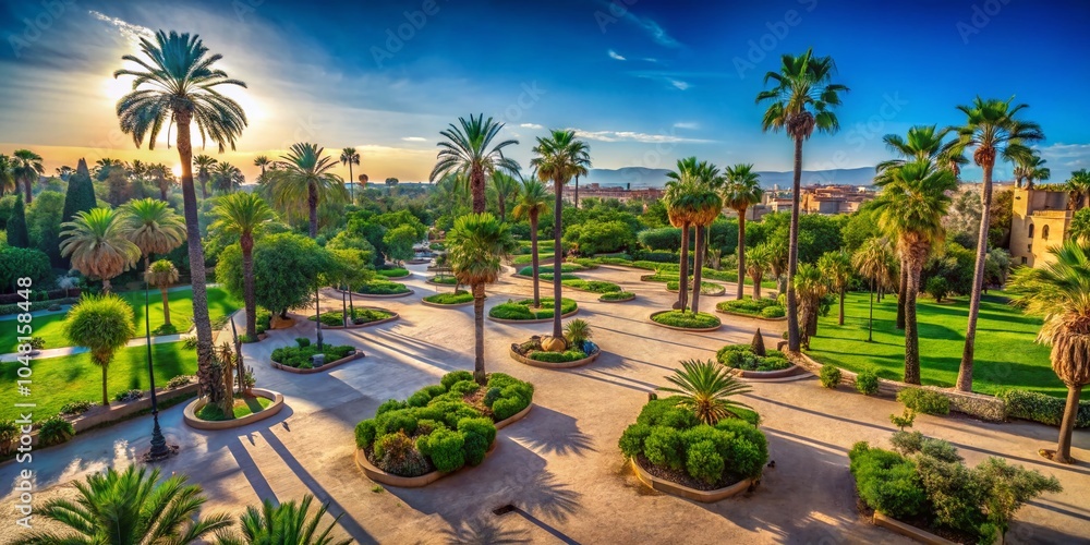 Aerial View of Lush Palm Trees in Marrakech Park Under Bright Sunny Skies