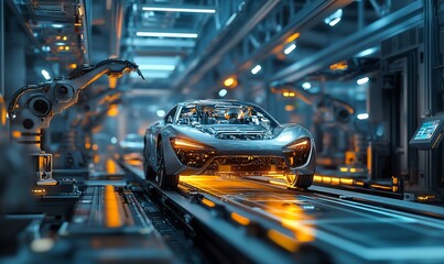 Fototapete - A silver sports car being assembled on an automated factory production line.