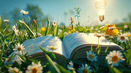 Wall Mural - open book surrounded by daisies and a glowing light bulb
