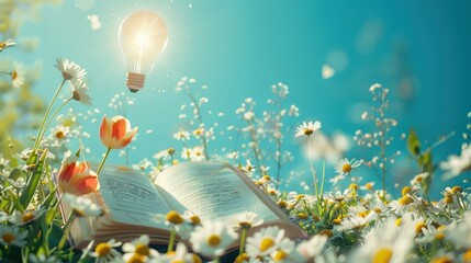 Wall Mural - a glowing light bulb hovering above a book in a field of daisies