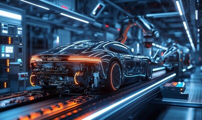 Poster - A sleek black sports car moves along an automated assembly line in a modern factory.