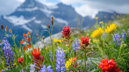 Wall Mural - Wildflowers in a Meadow with Mountains in the Background