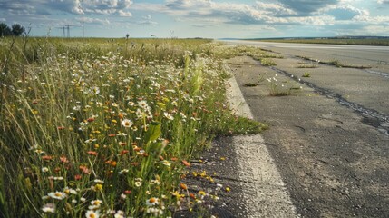 Wall Mural - wildflowers blooming along a roadside with a view of a distant horizon