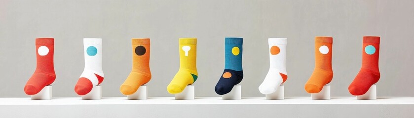 A row of colorful socks with dots on them. The socks are arranged in a row on a shelf