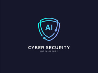Wall Mural - cyber security intelligence data protection shield with letter ai in network lines vector logo desig