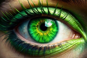 close-up macro shot of vibrant green eye with intricate iris and eyelashes for health and beauty pro