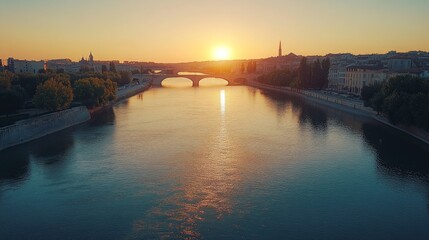 Wall Mural - A scenic sunset over the city, with a bridge and river in the foreground.