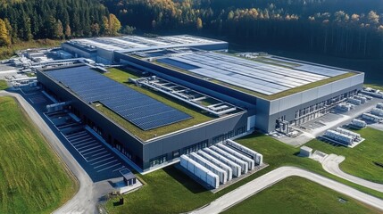 Aerial View of Solar Panel Facility and Data Center