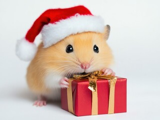 Poster - A hamster wearing a Santa hat holds a red gift box. AI.