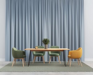 A minimalist dining room with a wooden table. four chairs. a green plant and blue curtains