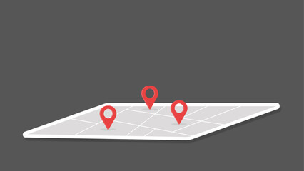 Flat illustration of a map with three red location markers against a dark gray background