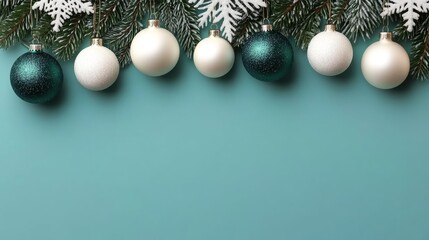 Wall Mural - Christmas Baubles and Pine Branches on Blue Background