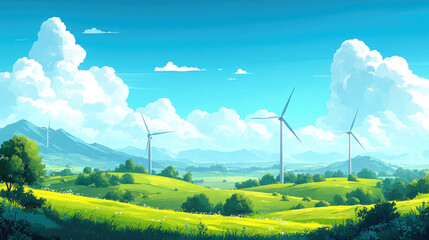 Wind turbines on the grassland, illustration