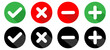 © Subhan - Set of flat square check mark, X mark, plus sign and minus sign icons, buttons isolated on a white background.