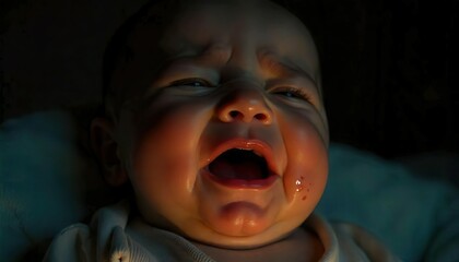 Wall Mural - A little boy crying in a dark room, a sad baby in a dark room, crying, a close-up to the face