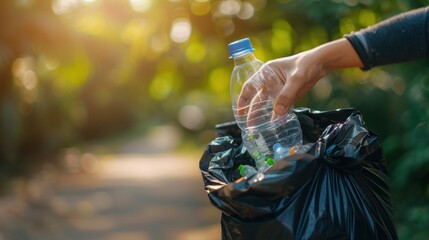 Hand Throwing Plastic Bottle in a Black Garbage Bag