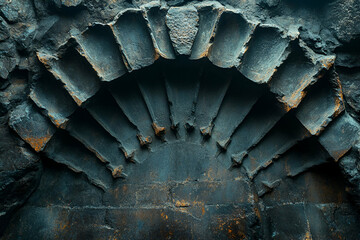 A close-up of a textured archway showing layered, stone-like structures with dark tones and hints of rust.