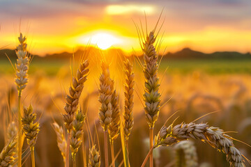 A field of wheat with the sun setting in the background