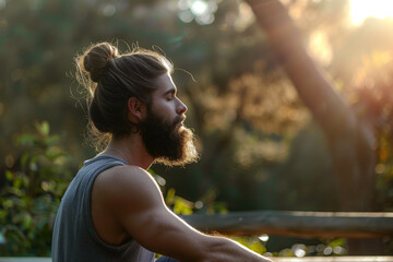 A man with a beard and a ponytail is sitting on a bench in a park