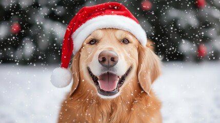 Canvas Print - Golden Retriever Dog Wearing Santa Hat in Snow