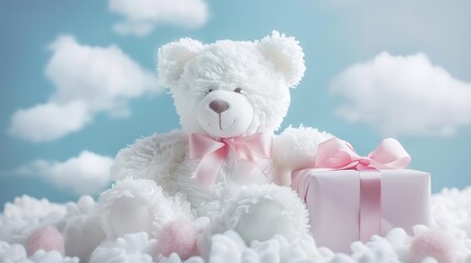 Wall Mural - White teddy bear present with pink silk ribbon and tiny clouds