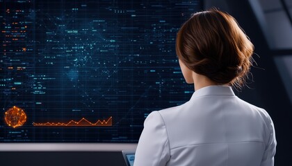 A woman in a lab coat gazes at a futuristic display filled with data visualizations and graphs, suggesting a high-tech scientific environment.